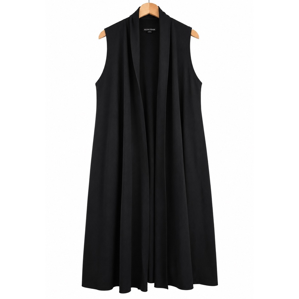 Eileen Fisher Black 100% Wool Open Front Long Duster Vest Shawl Collar Medium